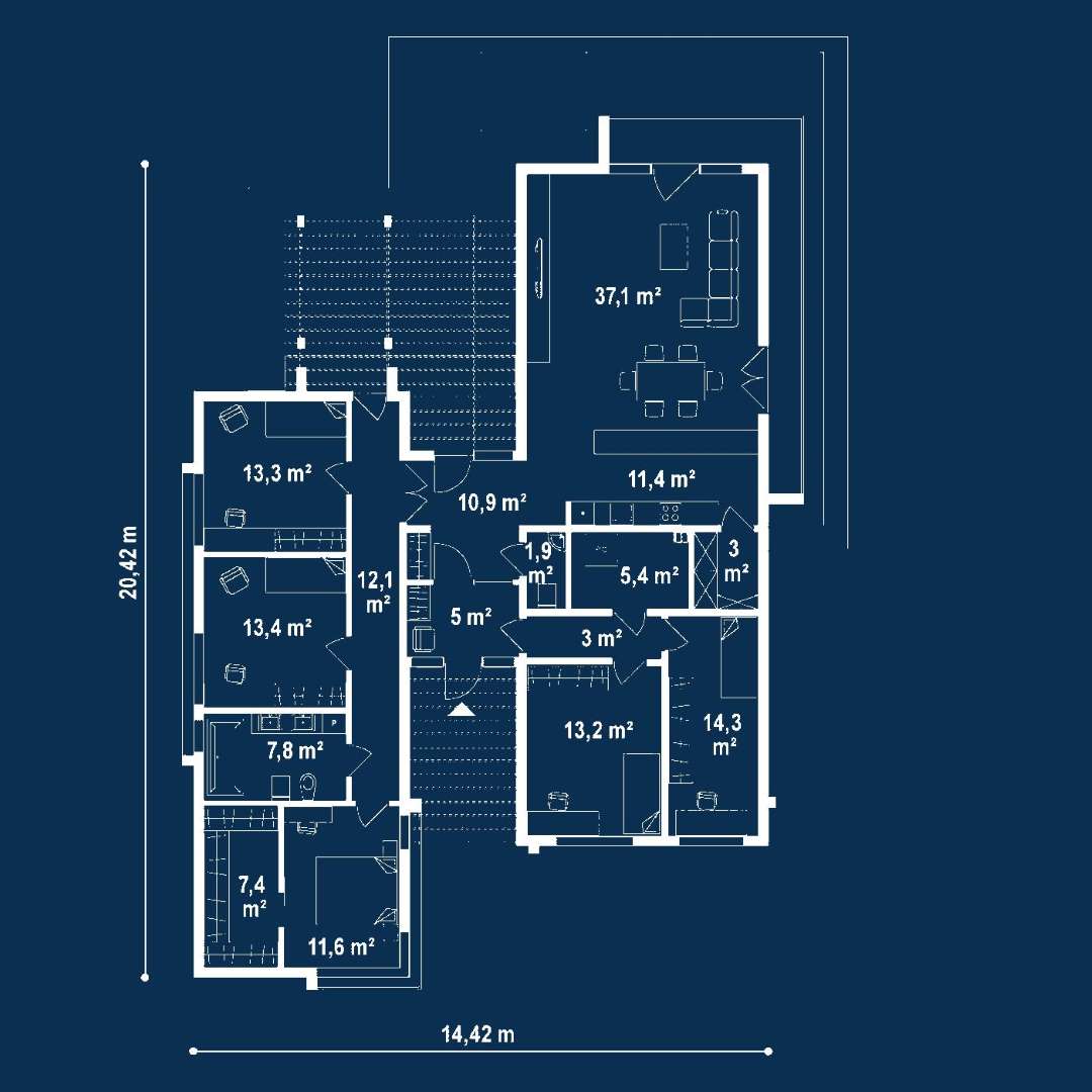 Plan parter Casă parter 165 mp utili, 5 dormitoare, o baie
