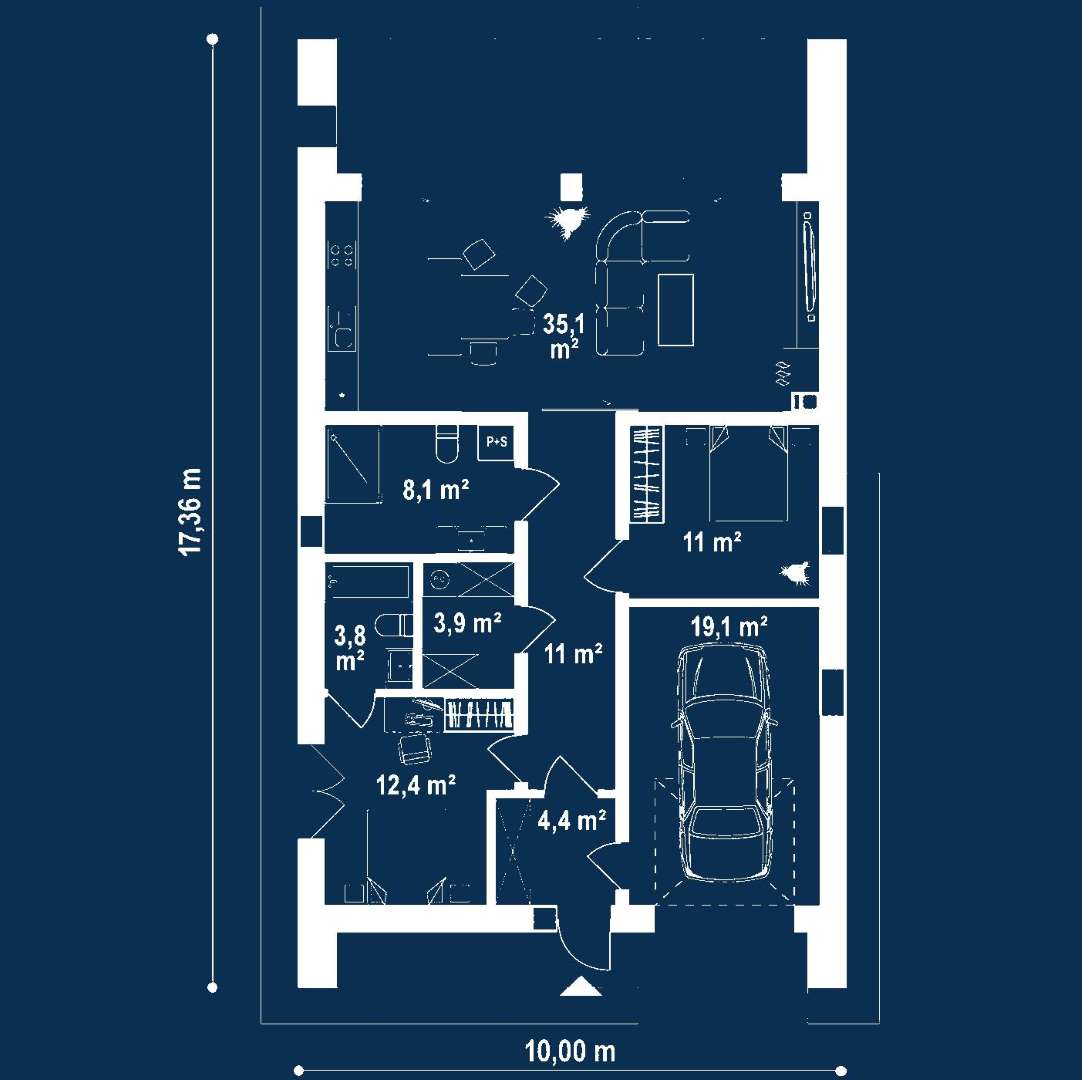 Plan parter Casă parter 85 mp utili, 2 dormitoare, 2 băi