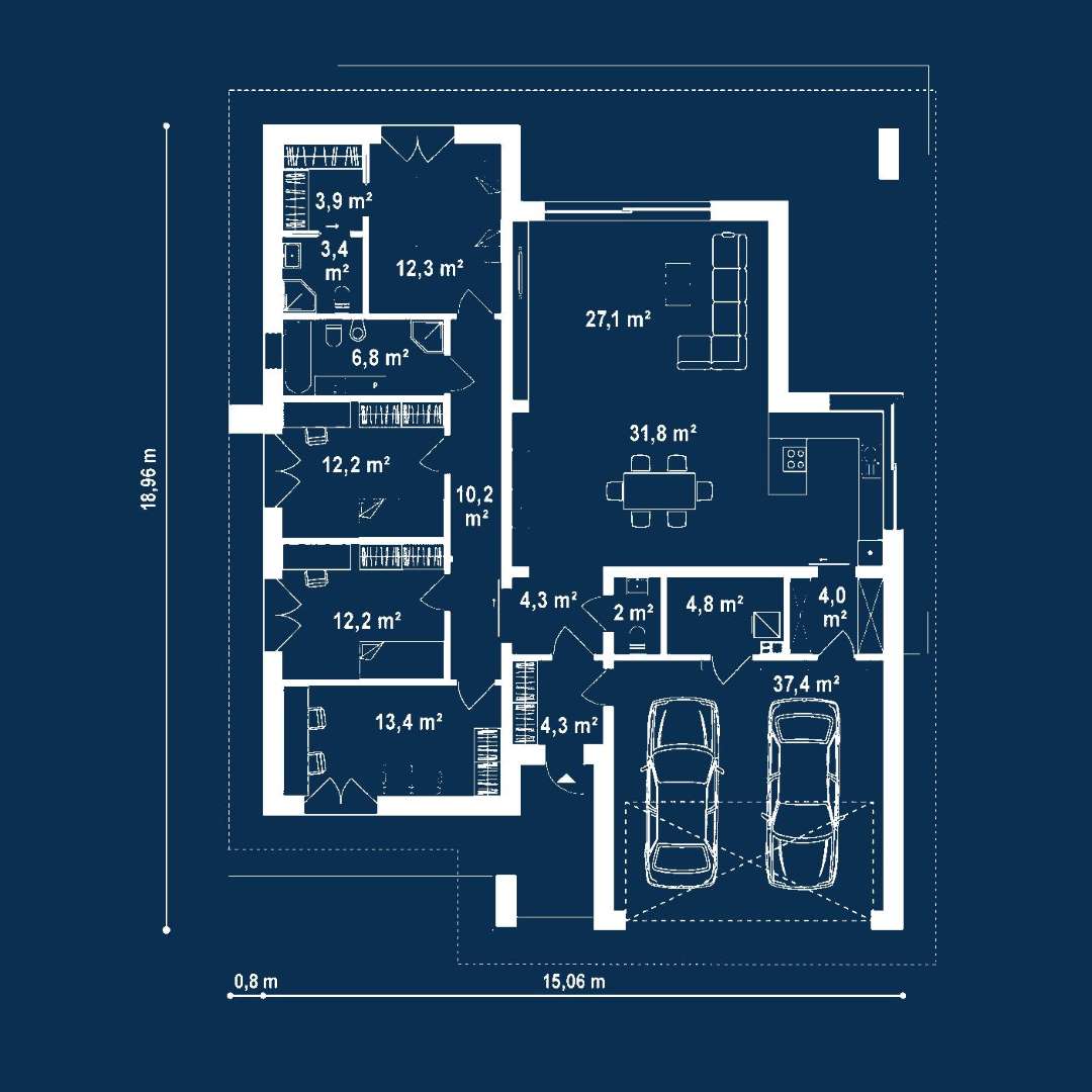 Plan parter Casă parter 147 mp utili, 4 dormitoare, 2 băi