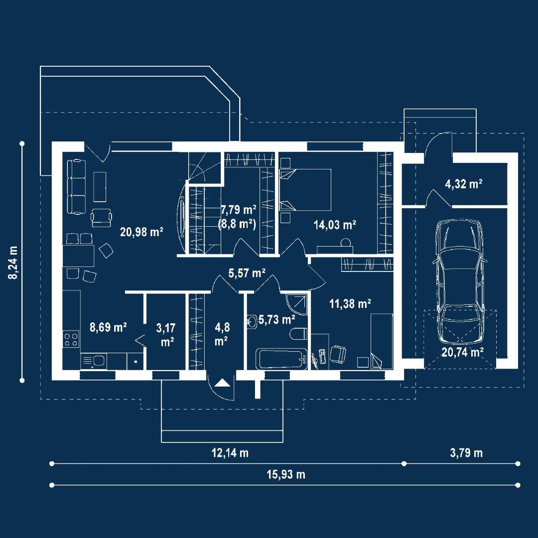 Plan parter Casă parter 117 mp utili, 2 dormitoare, o baie