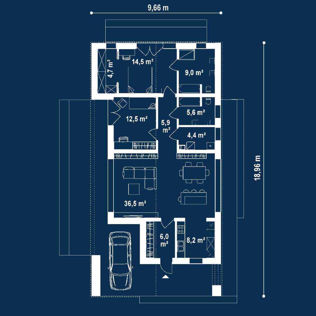 Plan parter Casă parter 104 mp utili, 2 dormitoare, 2 băi
