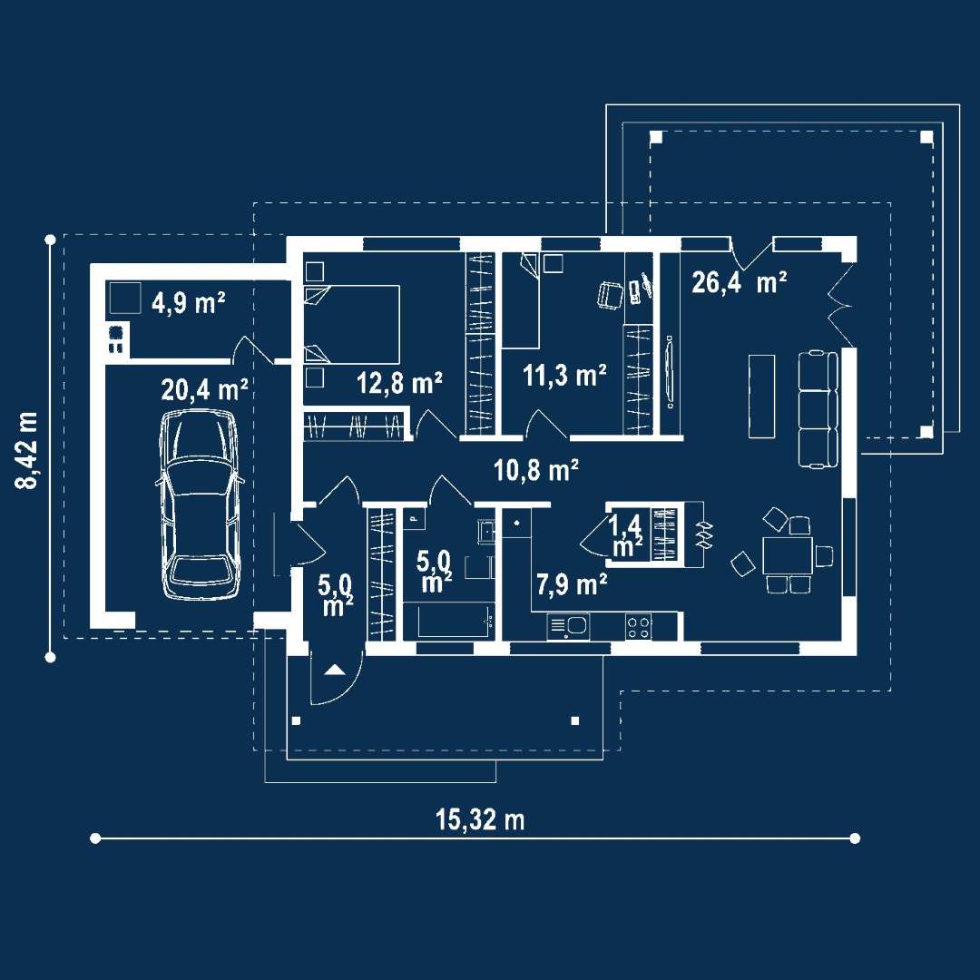 Plan parter Casă parter 80 mp utili, 2 dormitoare, o baie