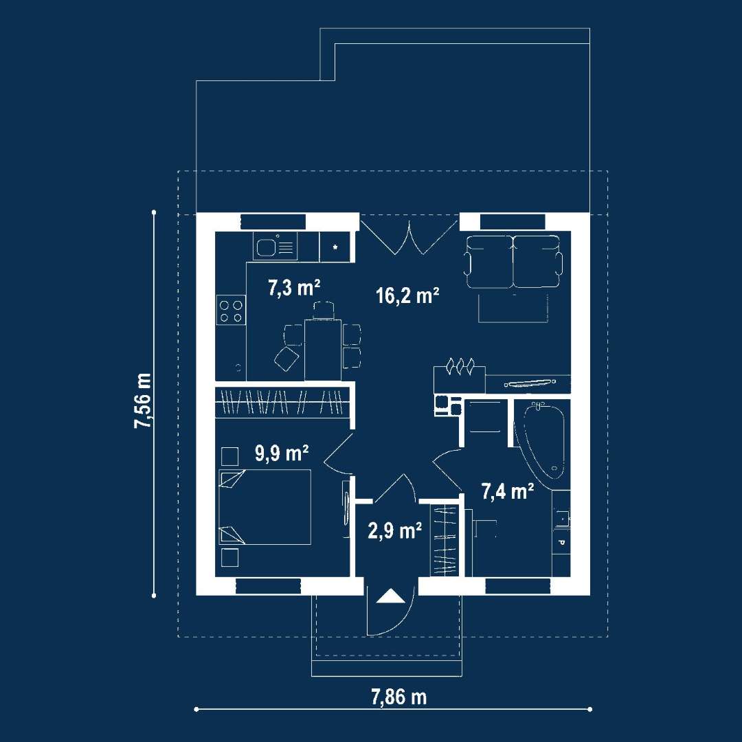 Plan parter Casă parter 43 mp utili, un dormitor, o baie