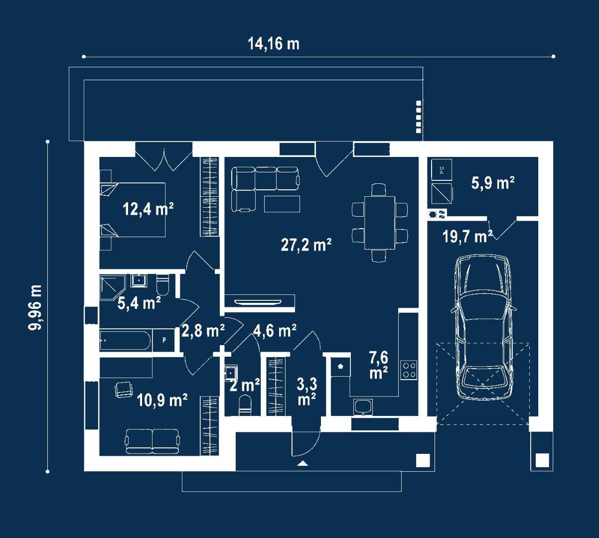 Plan parter Casă parter 76 mp utili, 2 dormitoare, o baie