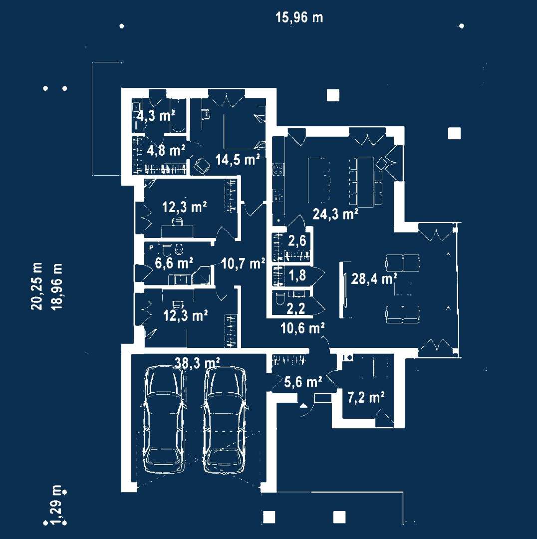 Plan parter Casă parter 141 mp utili, 3 dormitoare, 2 băi