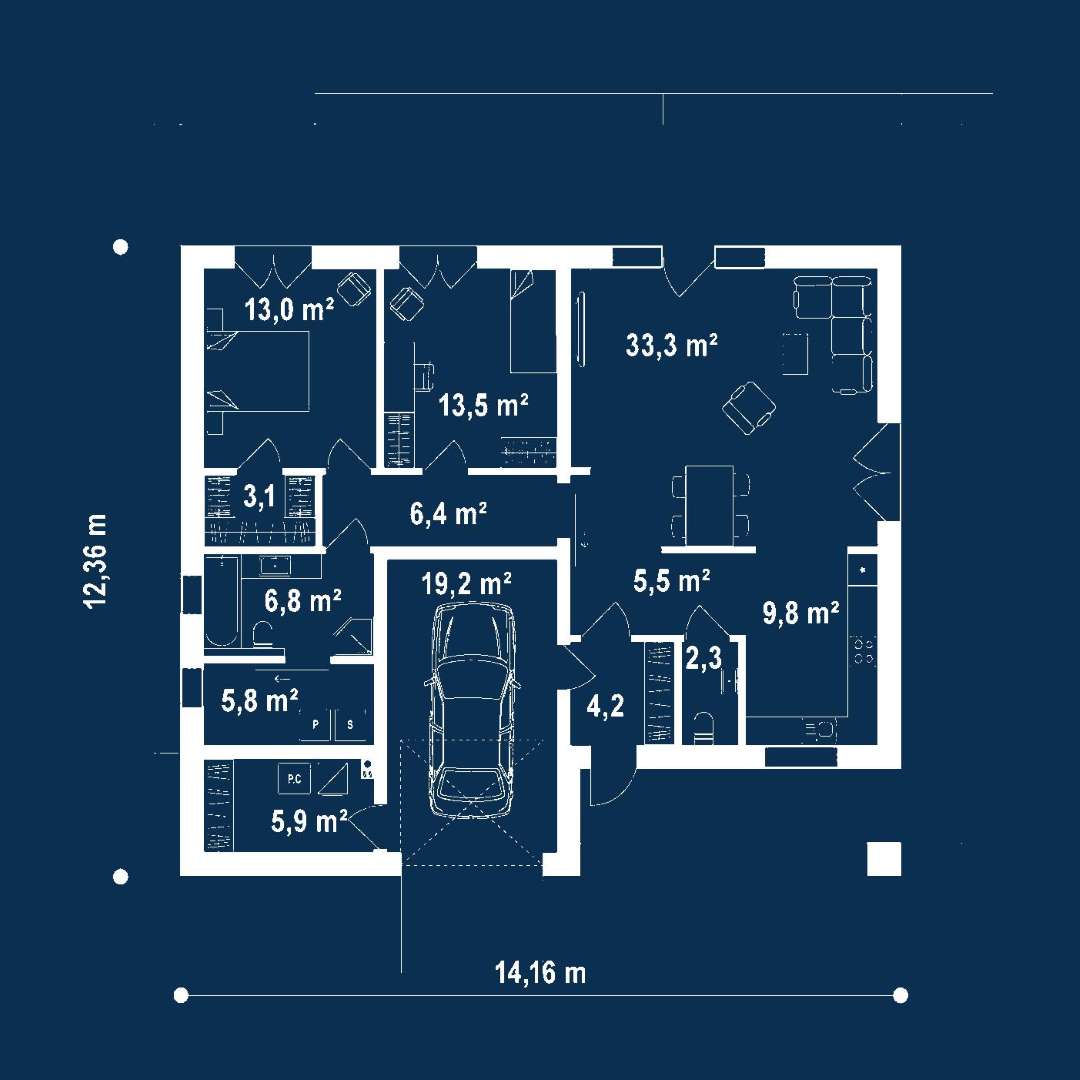 Plan parter Casă parter 103 mp utili, 2 dormitoare, o baie