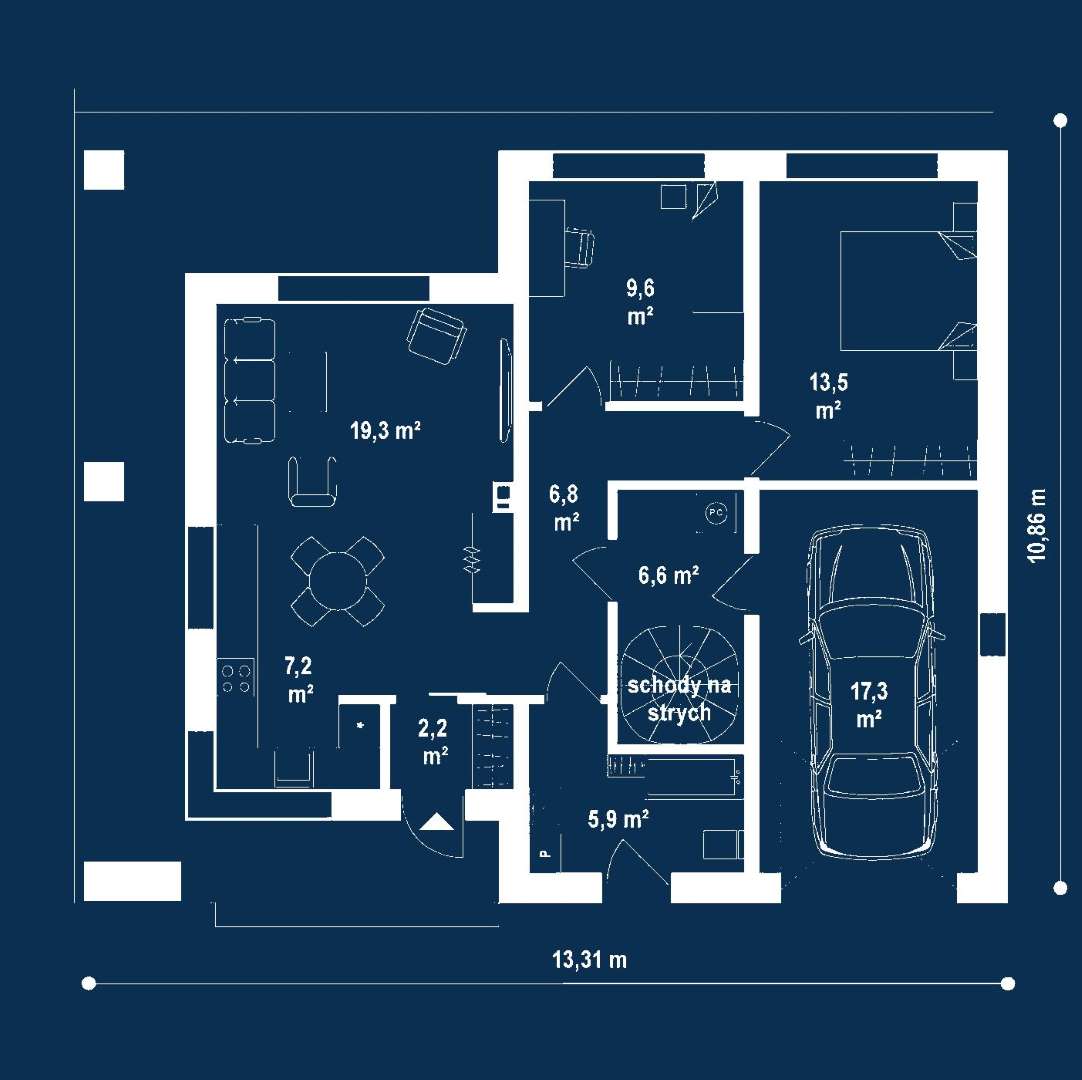 Plan parter Casă parter 64 mp utili, 2 dormitoare, o baie