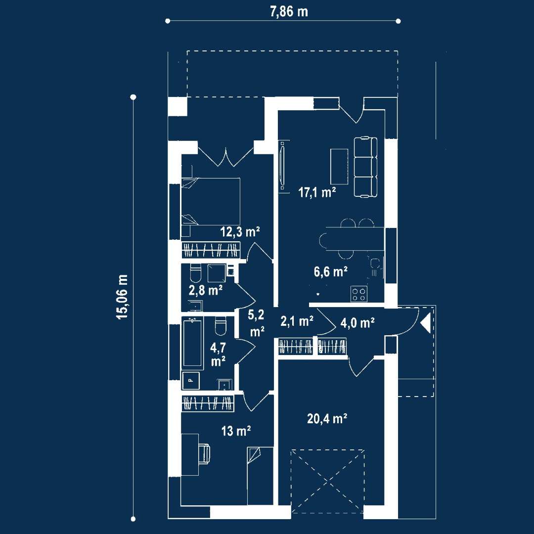 Plan parter Casă parter 67 mp utili, 2 dormitoare, o baie