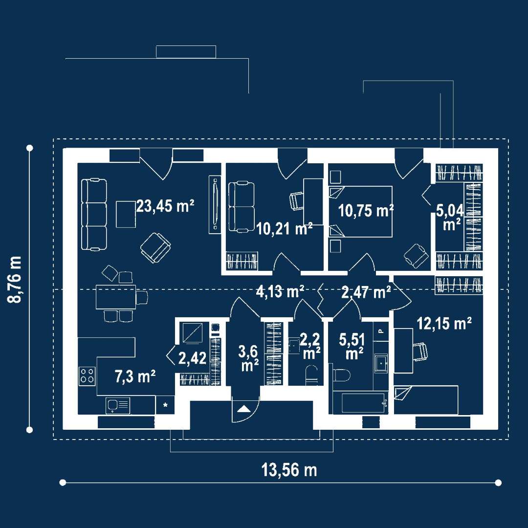 Plan parter Casă parter 89 mp utili, 2 dormitoare, o baie