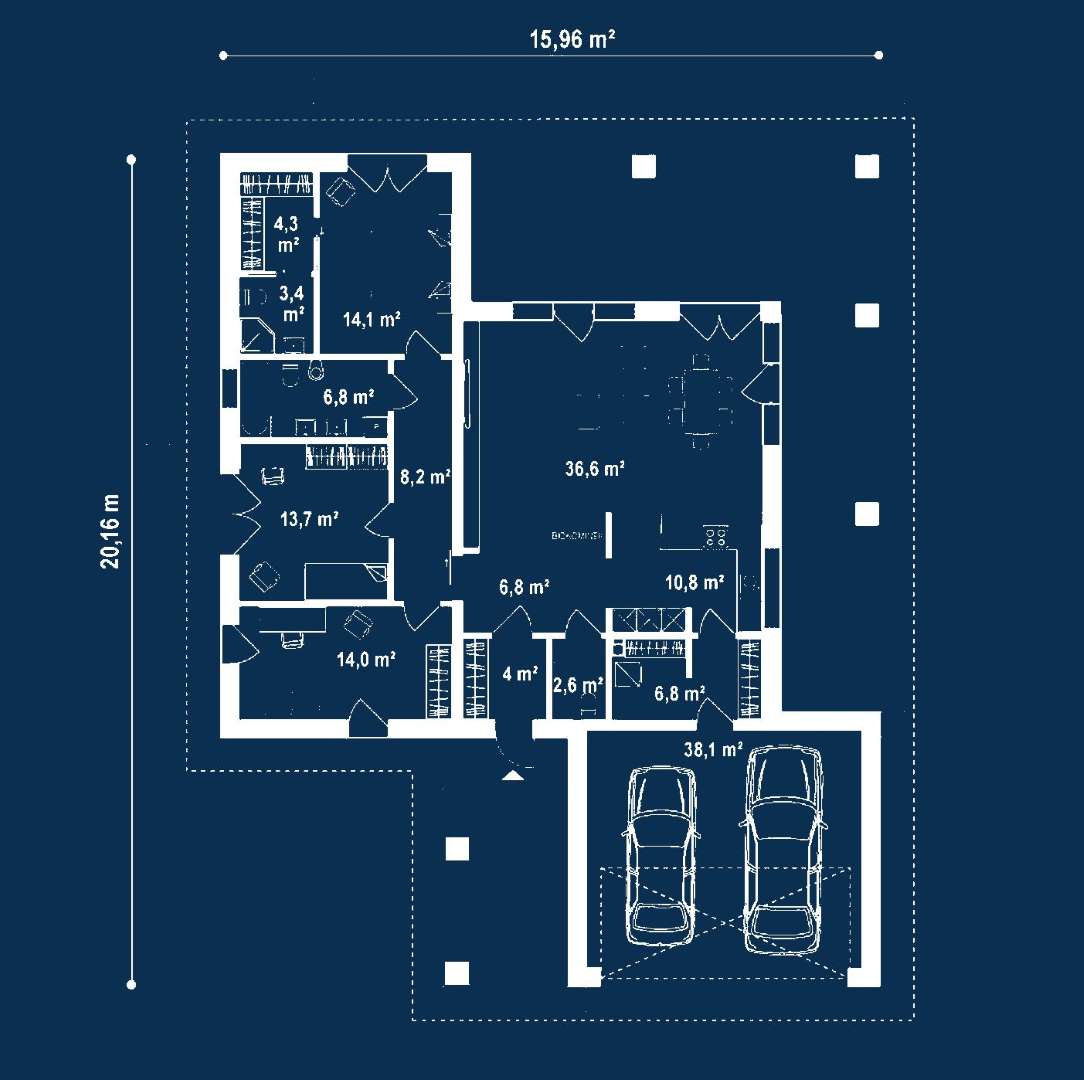 Plan parter Casă parter 125 mp utili, 3 dormitoare, 2 băi