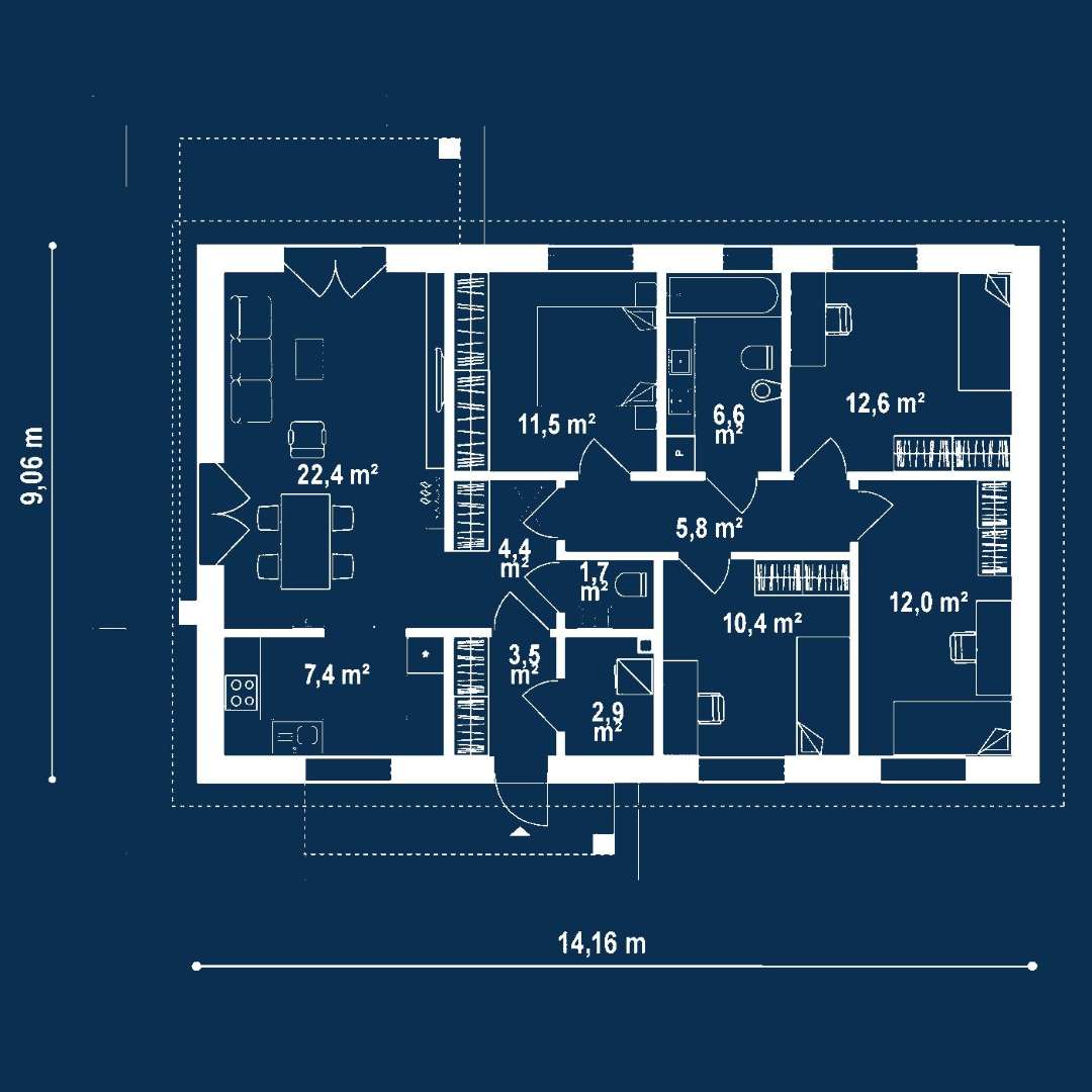 Plan parter Casă parter 98 mp utili, 4 dormitoare, o baie