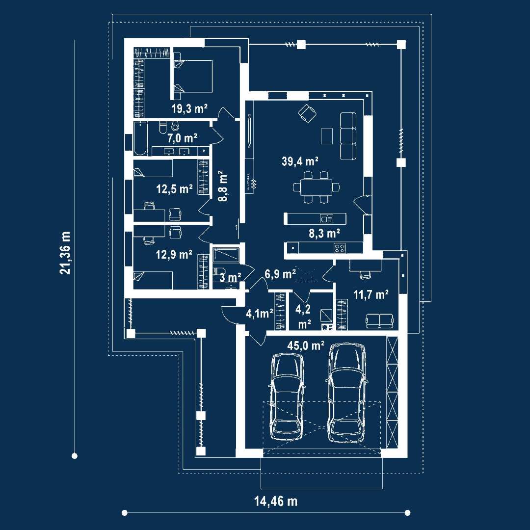 Plan parter Casă parter 133 mp utili, 2 dormitoare, 2 băi