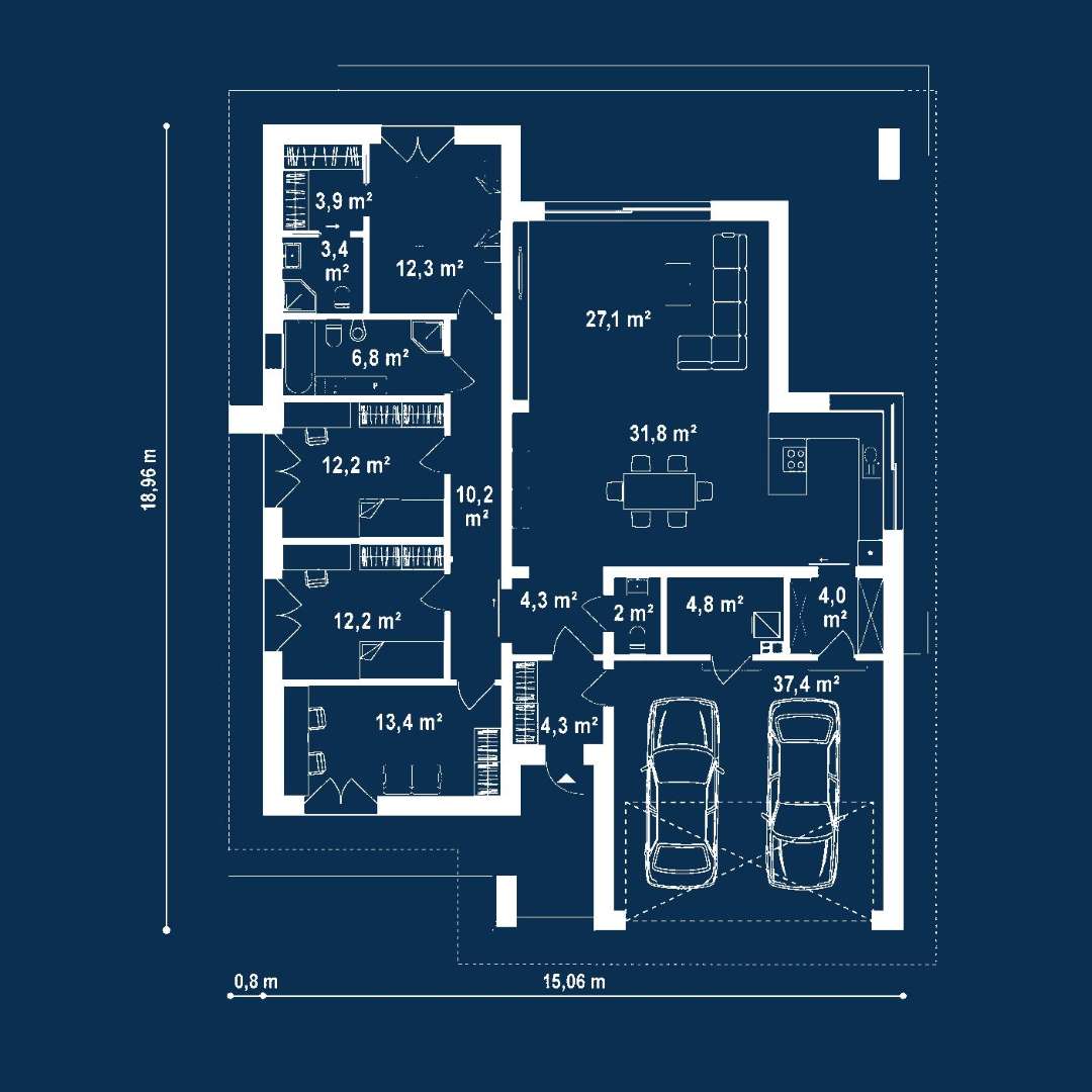 Plan parter Casă parter 147 mp utili, 4 dormitoare, 2 băi