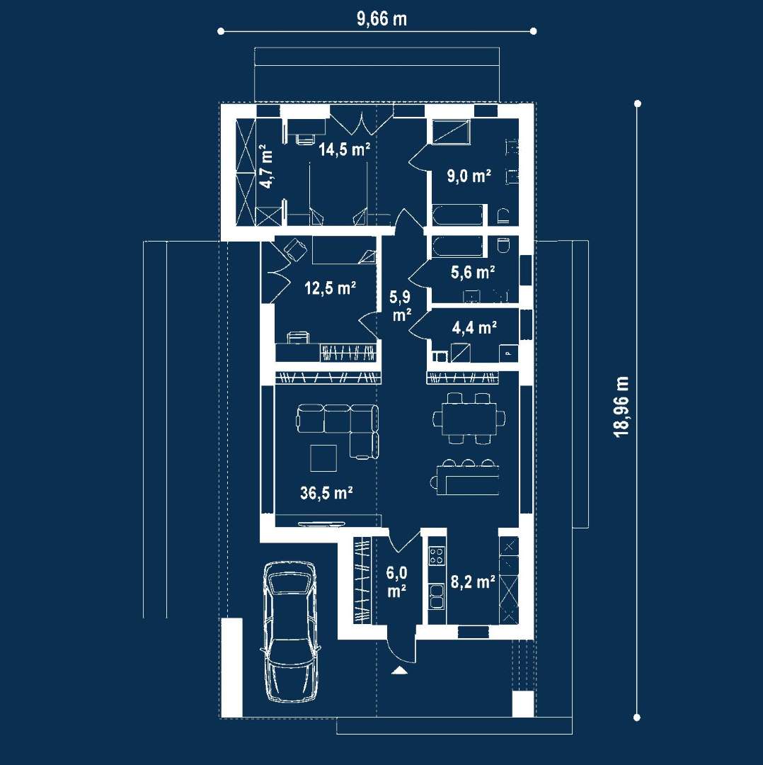 Plan parter Casă parter 107 mp utili, 2 dormitoare, 2 băi