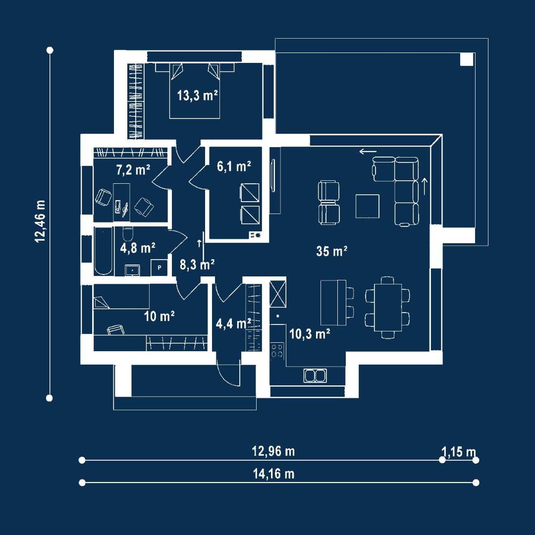 Plan parter Casă parter 93 mp utili, 2 dormitoare, o baie