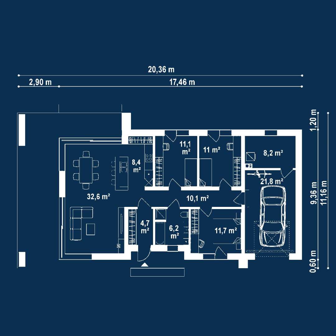 Plan parter Casă parter 95 mp utili, 3 dormitoare, o baie