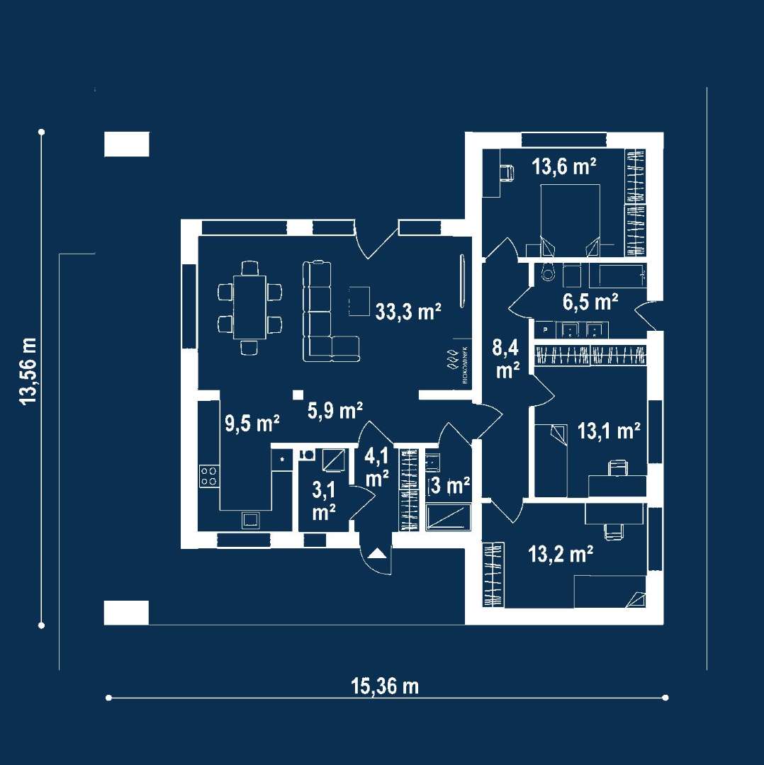 Plan parter Casă parter 110 mp utili, 3 dormitoare, 2 băi