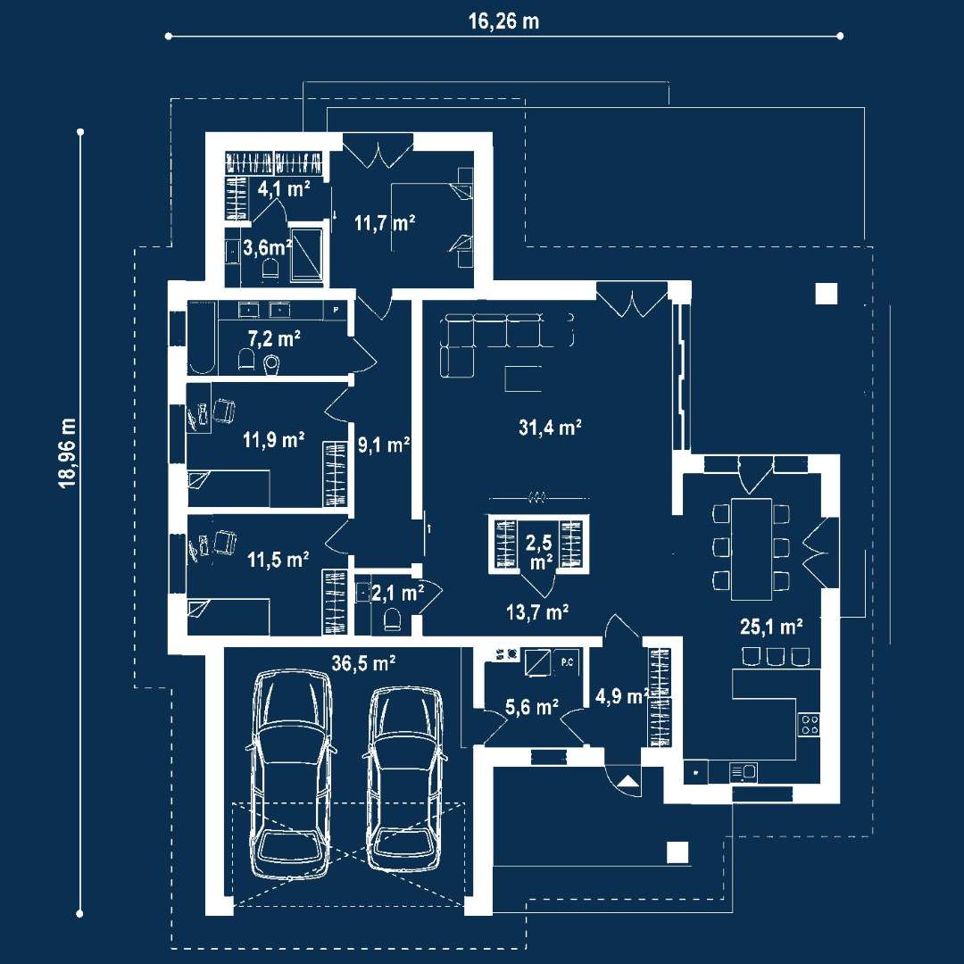 Plan parter Casă parter 139 mp utili, 3 dormitoare, 2 băi
