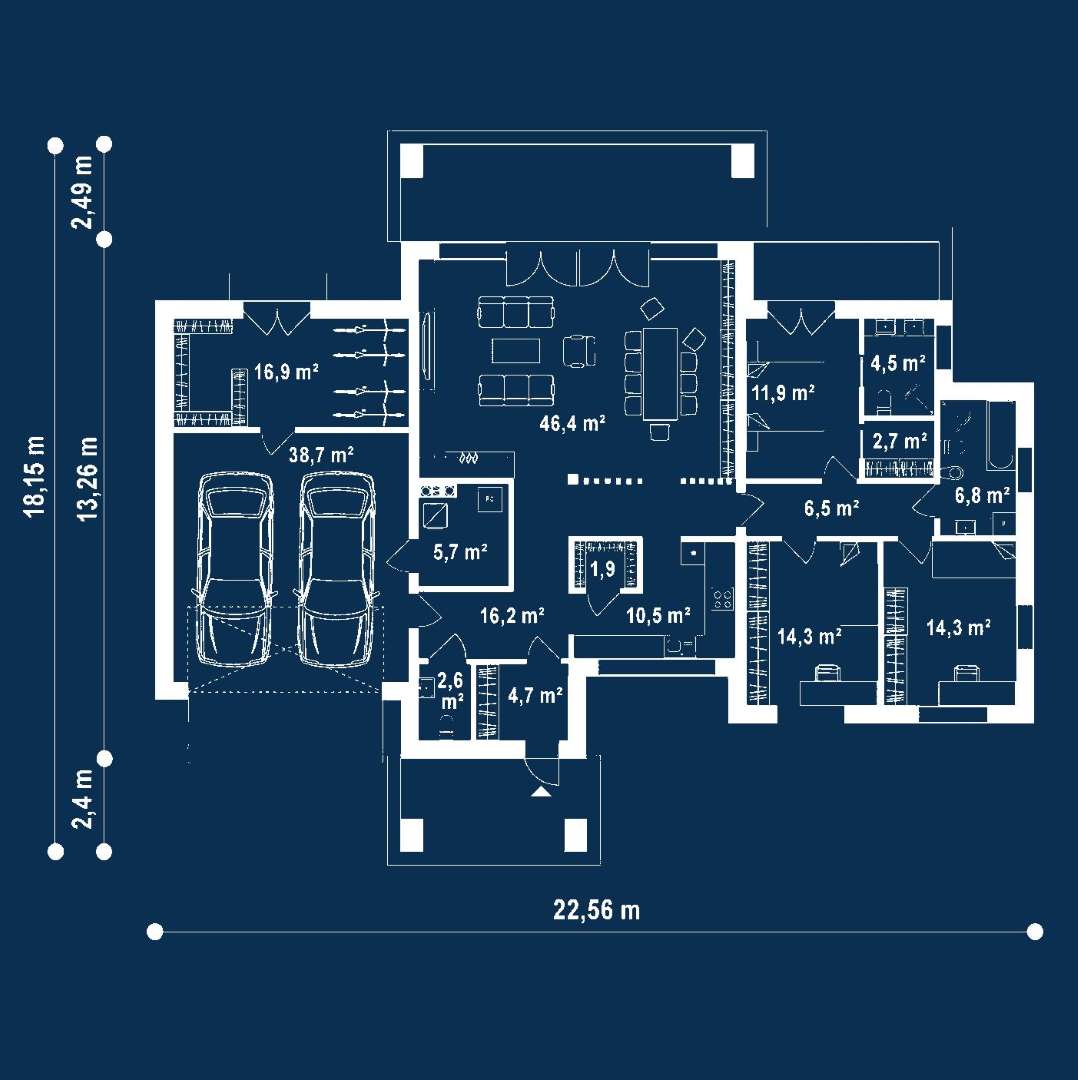 Plan parter Casă parter 143 mp utili, 3 dormitoare, 2 băi
