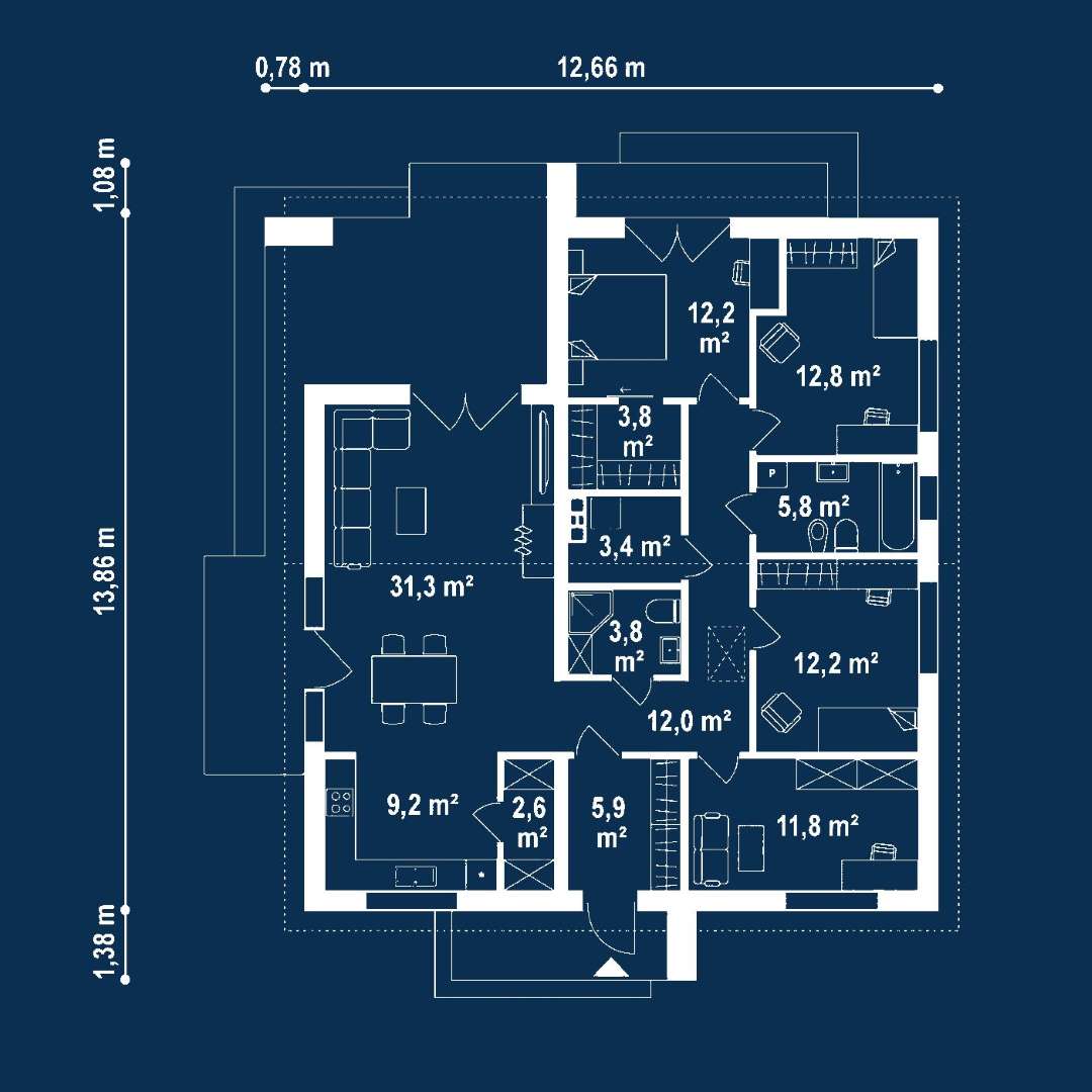 Plan parter Casă parter 123 mp utili, 4 dormitoare, 2 băi