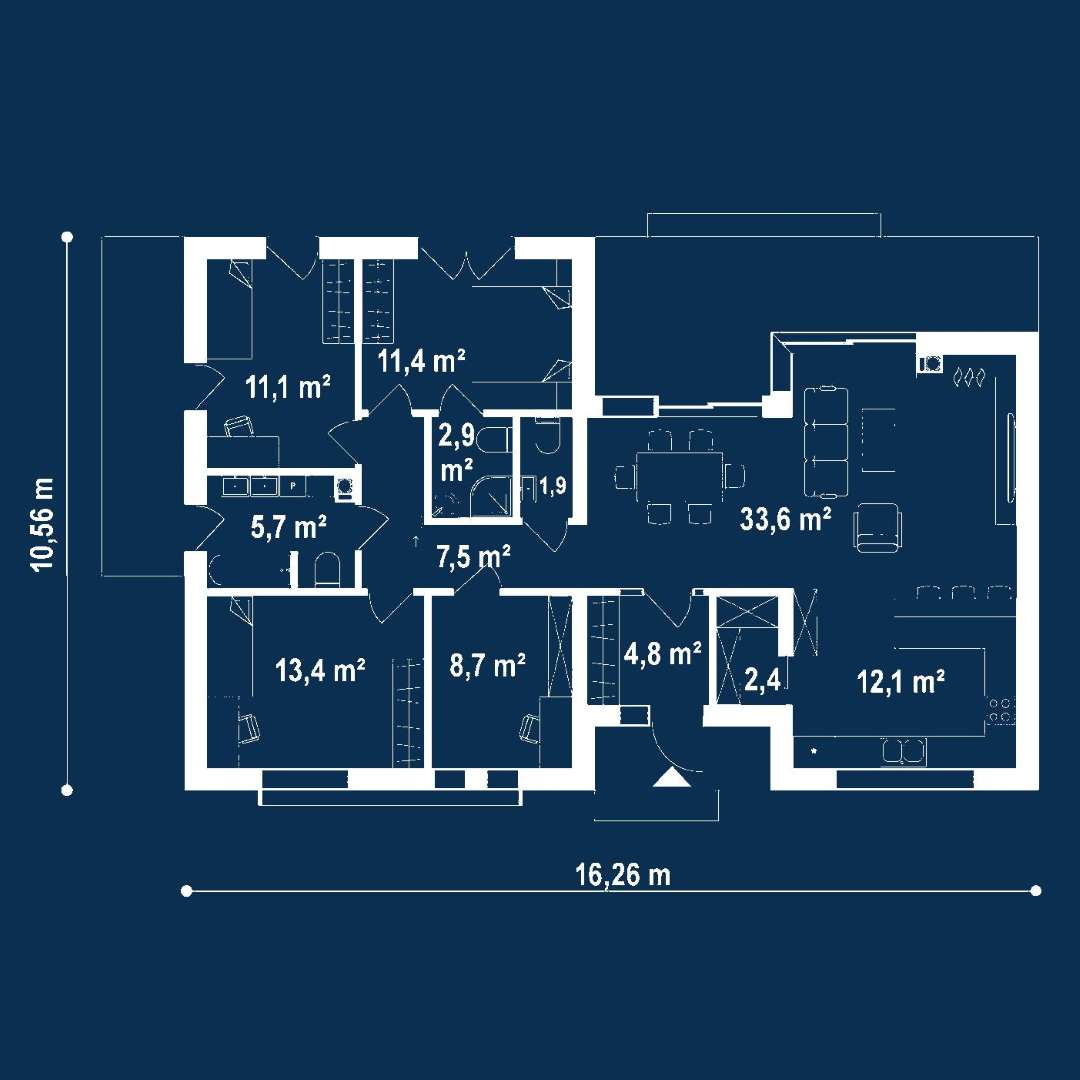 Plan parter Casă parter 115 mp utili, 3 dormitoare, 2 băi