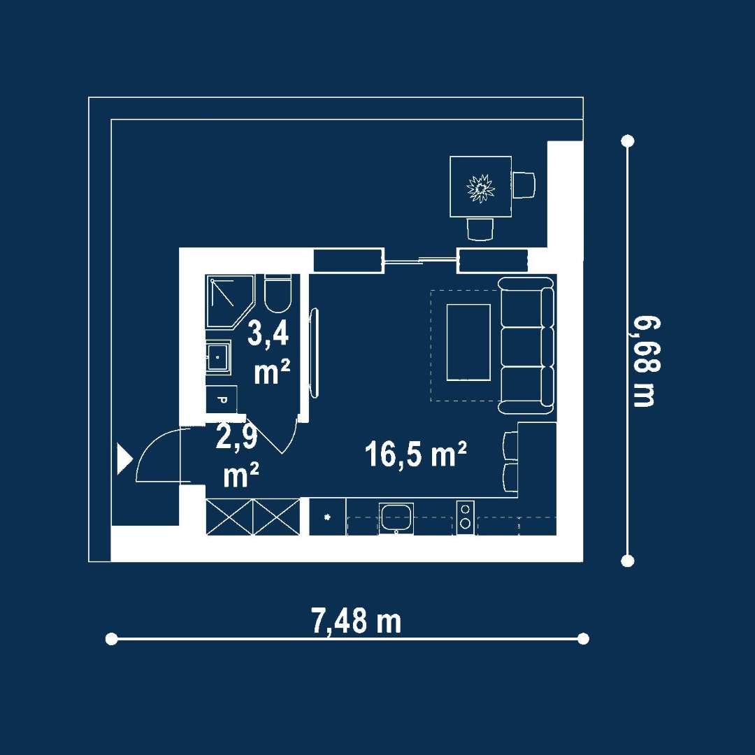 Plan parter Casă parter 22 mp utili, 1 dormitoare, o baie