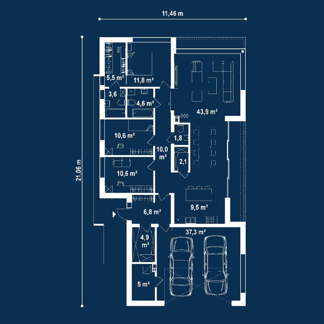 Plan parter Casă parter 120 mp utili, 3 dormitoare, 2 băi