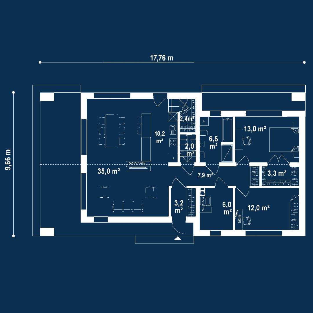 Plan parter Casă parter 95 mp utili, 2 dormitoare, o baie