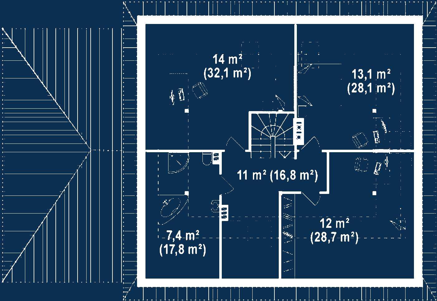 Plan mansardă Casă cu mansardă 166 mp utili, 3 dormitoare, 2 băi