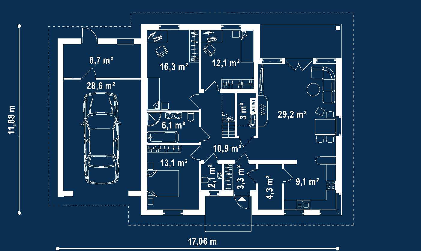 Plan parter Casă cu mansardă 166 mp utili, 3 dormitoare, 2 băi