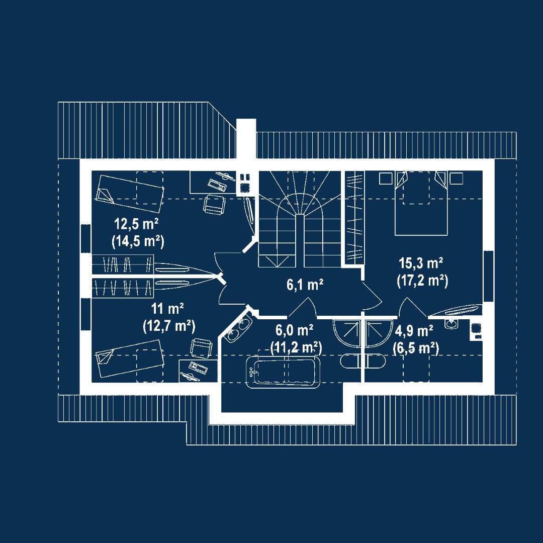 Plan mansardă Casă cu mansardă 126 mp utili, un dormitor, 3 băi