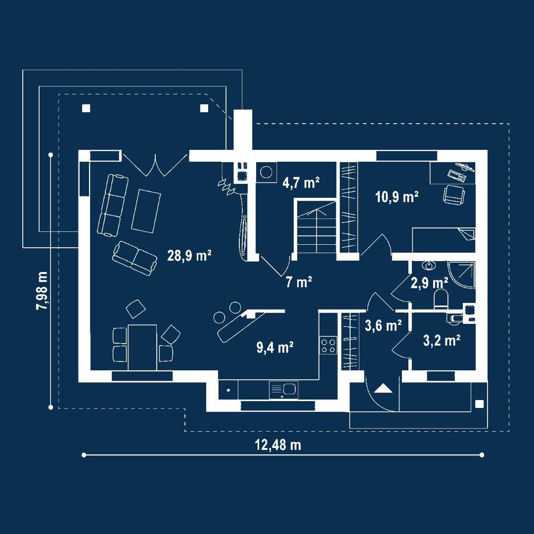 Plan parter Casă cu mansardă 126 mp utili, un dormitor, 3 băi