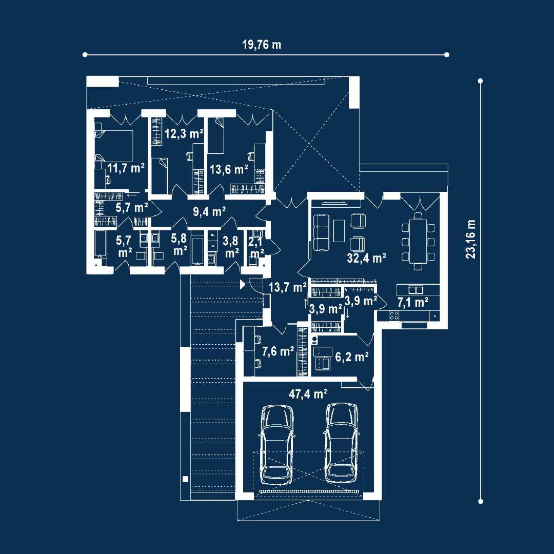 Plan parter Casă parter 138 mp utili, 3 dormitoare, 2 băi