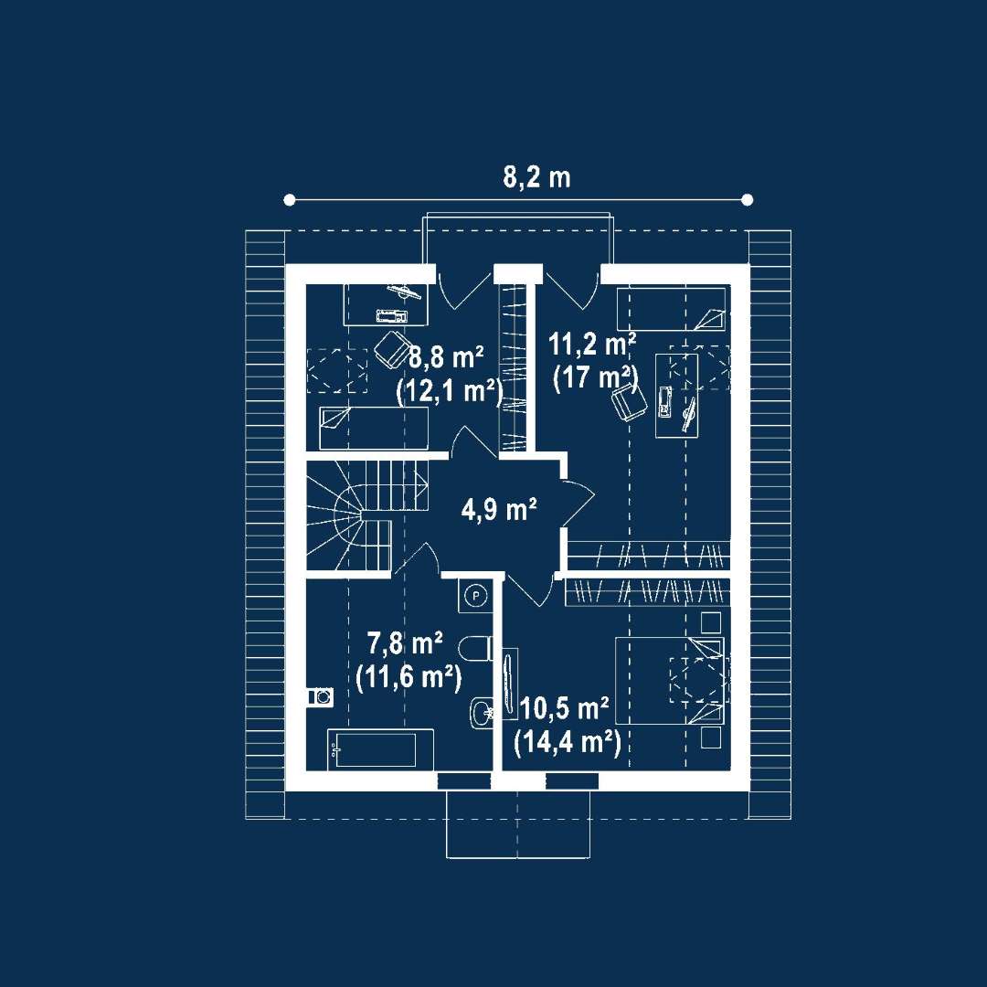Plan mansardă Casă cu mansardă 102 mp utili, un dormitor, o baie