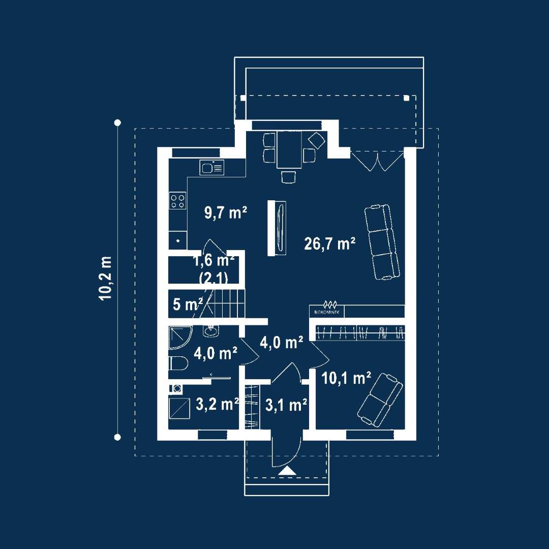 Plan parter Casă cu mansardă 102 mp utili, un dormitor, o baie