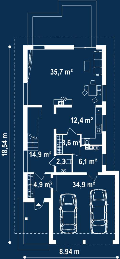 Plan parter Casă cu mansardă 157 mp utili, un dormitor, 2 băi