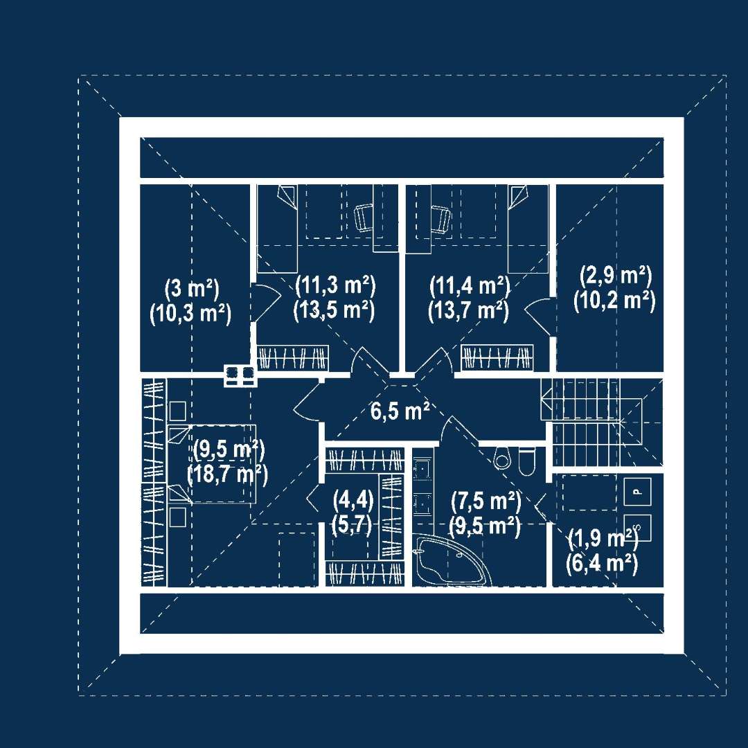 Plan mansardă Casă cu mansardă 143 mp utili, un dormitor, 2 băi
