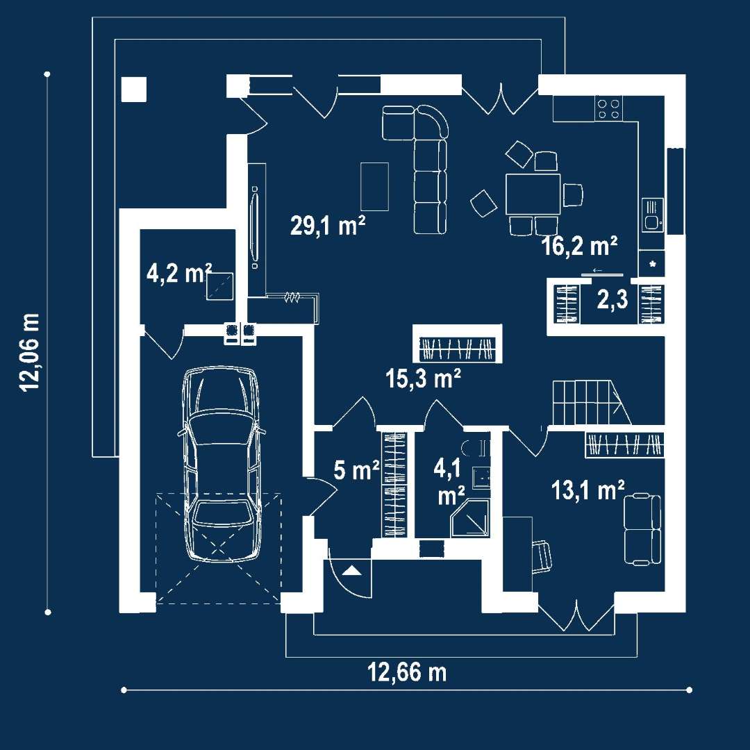 Plan parter Casă cu mansardă 143 mp utili, un dormitor, 2 băi