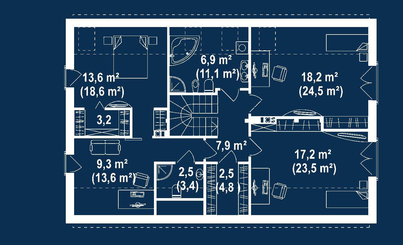 Plan mansardă Casă cu mansardă 154 mp utili, un dormitor, 2 băi