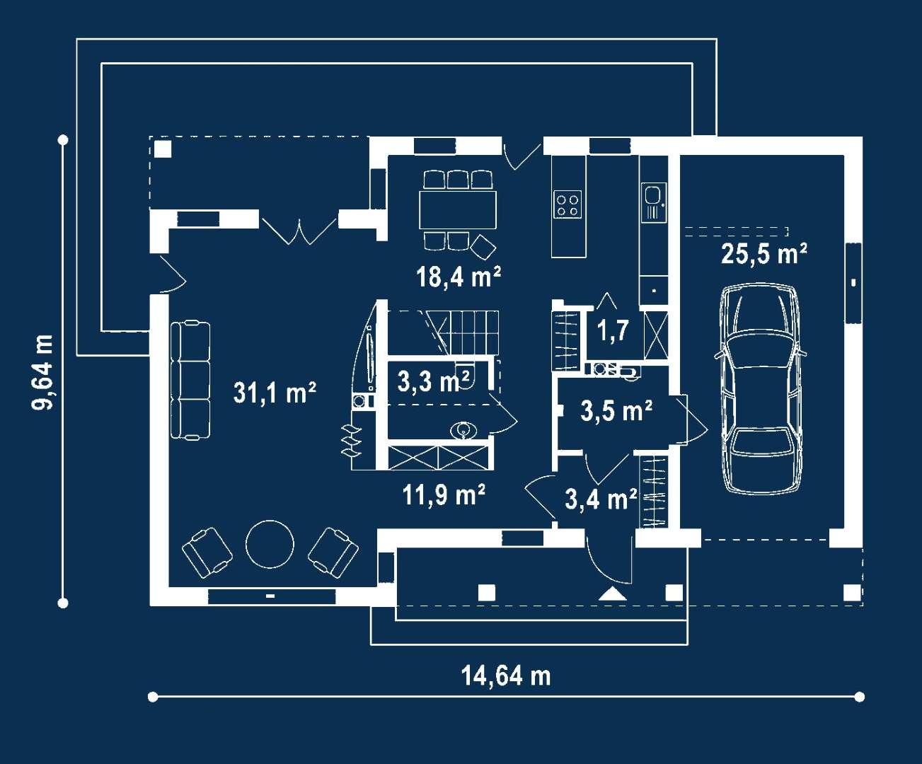 Plan parter Casă cu mansardă 154 mp utili, un dormitor, 2 băi