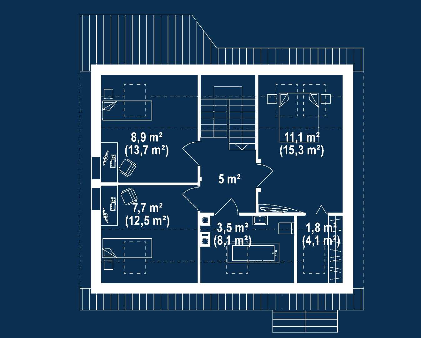 Plan mansardă Casă cu mansardă 87 mp utili, un dormitor, 2 băi