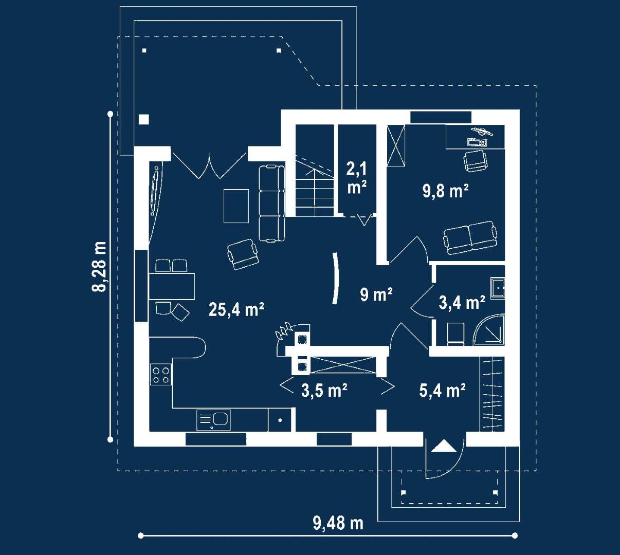 Plan parter Casă cu mansardă 87 mp utili, un dormitor, 2 băi