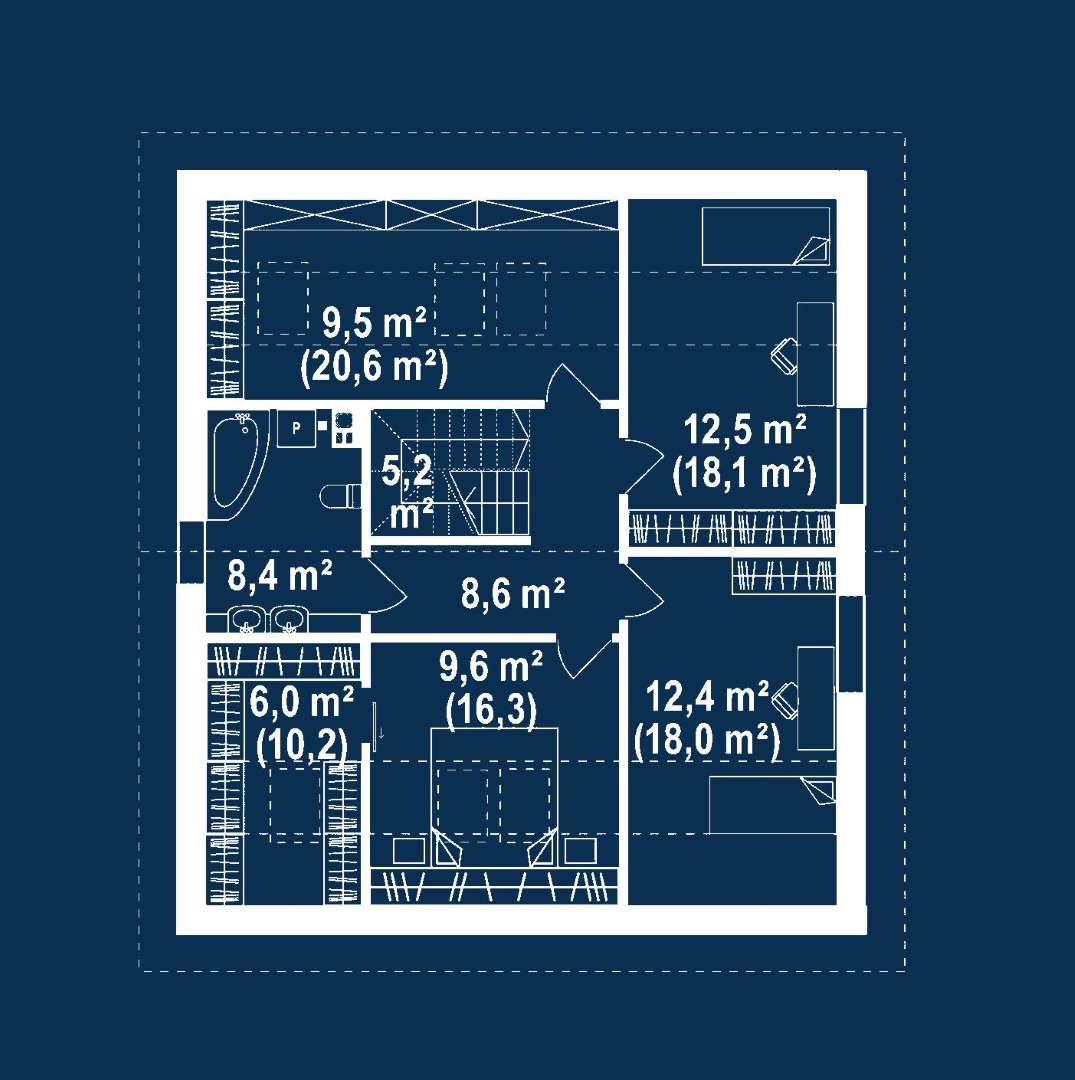 Plan mansardă Casă cu mansardă 122 mp utili, un dormitor, 2 băi