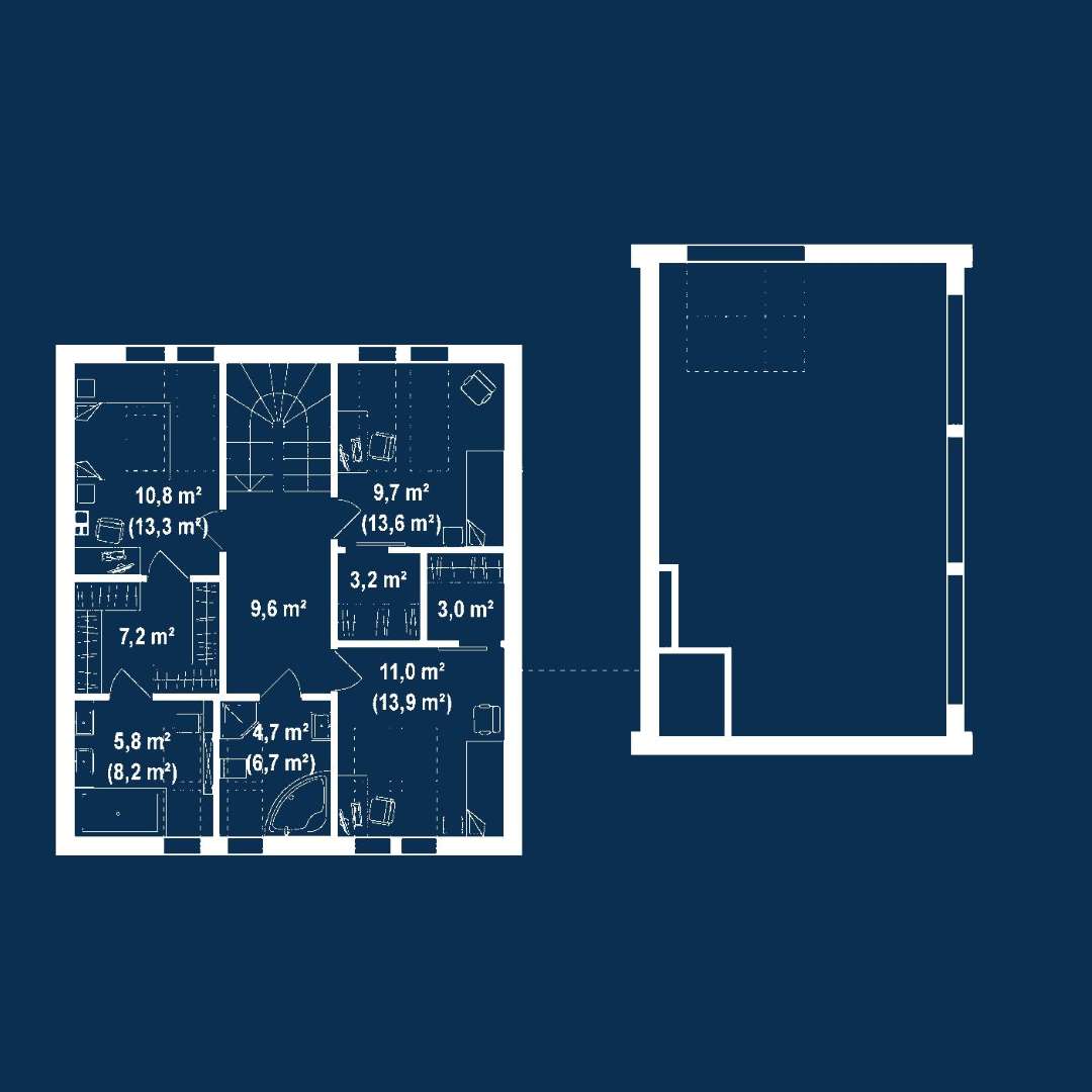 Plan mansardă Casă cu mansardă 158 mp utili, un dormitor, 3 băi