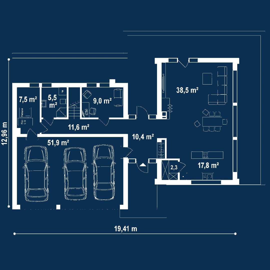 Plan parter Casă cu mansardă 158 mp utili, un dormitor, 3 băi
