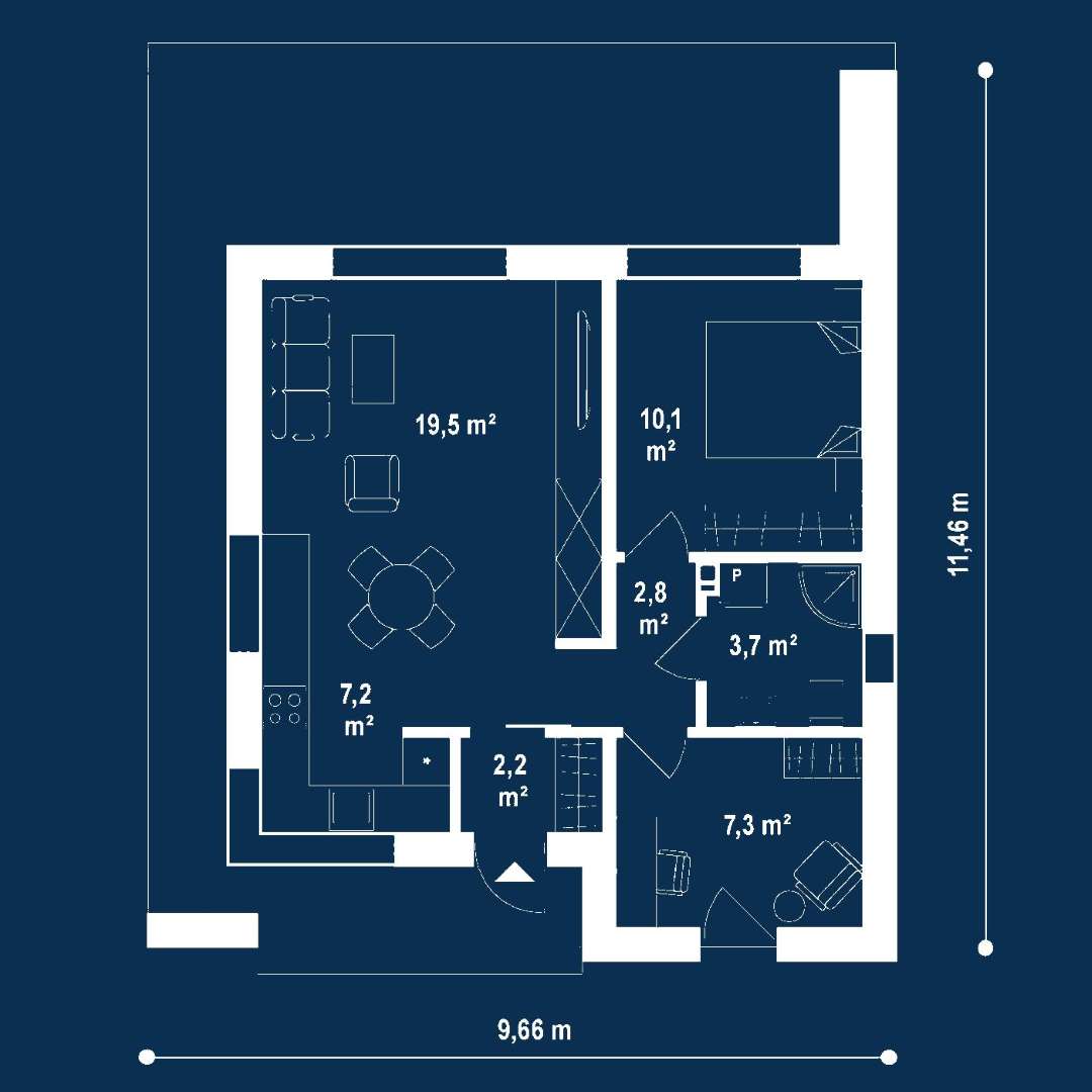 Plan parter Casă parter 52 mp utili, un dormitor, o baie