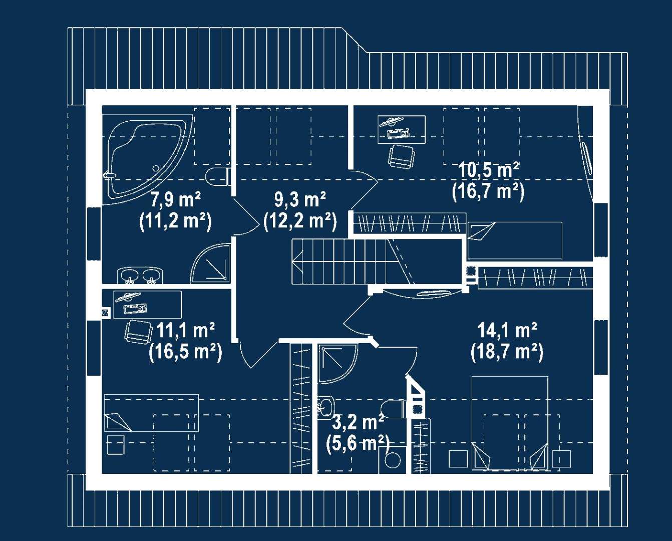Plan mansardă Casă cu mansardă 121 mp utili, un dormitor, 2 băi