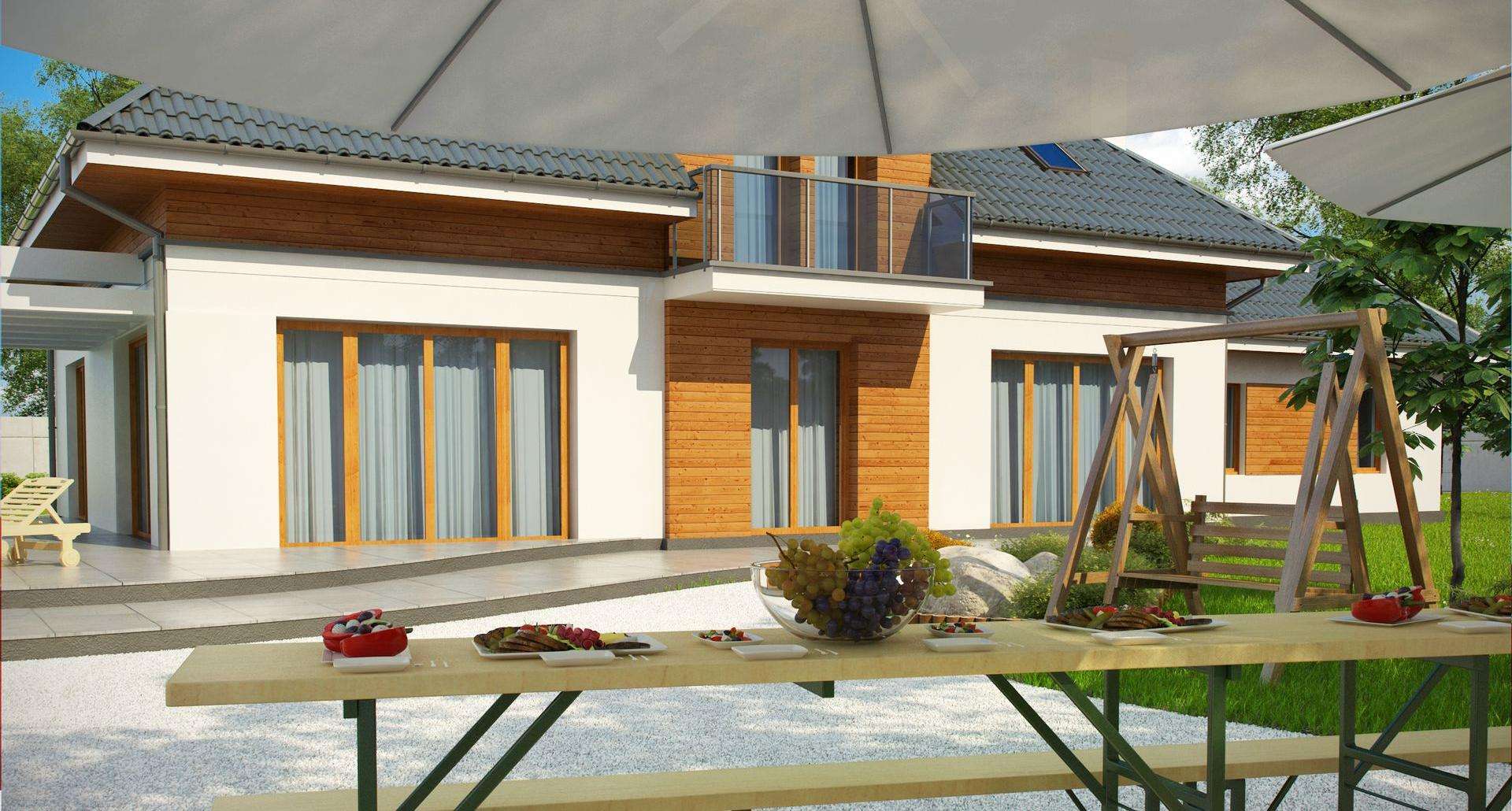Fatada Casă cu mansardă 272 mp utili, un dormitor, 2 băi
