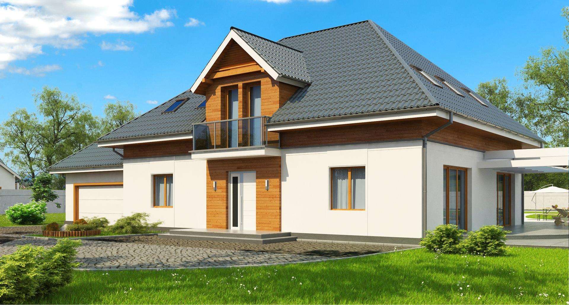 Fatada Casă cu mansardă 272 mp utili, un dormitor, 2 băi