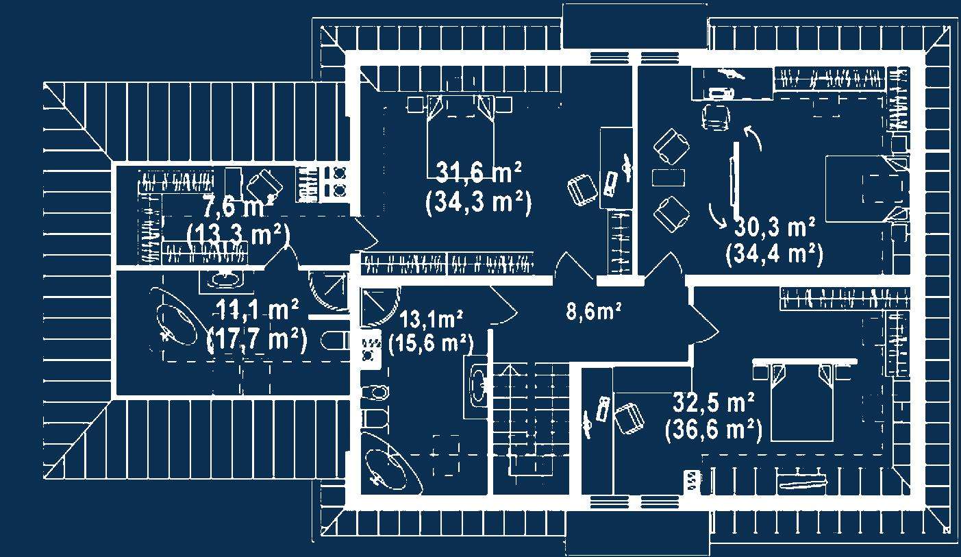 Plan mansardă Casă cu mansardă 272 mp utili, un dormitor, 2 băi
